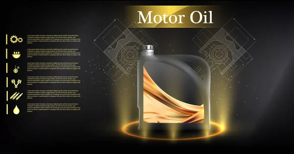 Minyak mesin botol di latar belakang piston mobil bermotor, ilustrasi teknis. Citra vektor 3D realistis. canister ad template dengan logo merek cetak biru. Panji iklan oli mesin . - Stok Vektor