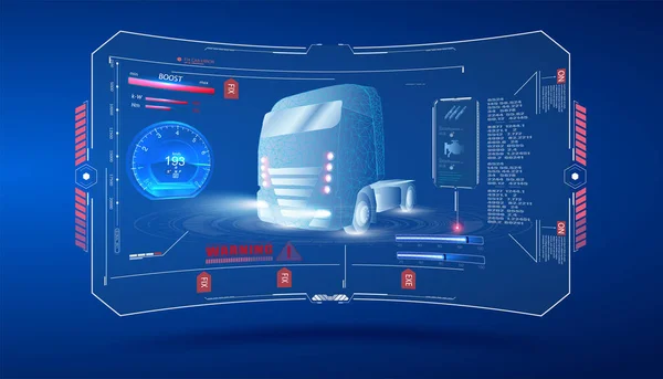 Autonomous smart truck. Kendaraan tak berawak. kecerdasan buatan mengontrol truk Otonomi. Gaya mobil hologram di HUD, UI, GUI. Diagnostik Perangkat Keras Kondisi Mobil. Analisis dan diagnosa otomatis - Stok Vektor