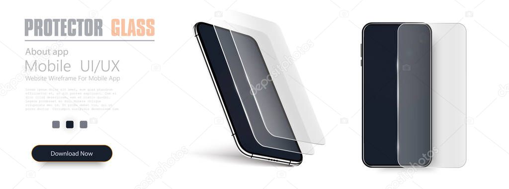Glass screen protector or glass cover. Vector illustration of transparent tempered glass shield for mobile phone. Realistic black smartphone.