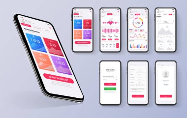 Mobil uygulamalar için farklı UI, UX, GUI ekran fitness uygulaması ve düz web simgeleri, ilgili web siteleri dahil. Web tasarımı ve mobil şablon. Kırmızı trend tasarımı. Fitness Kontrol Paneli - hisse senedi vektörü