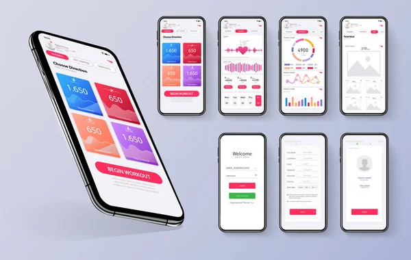 Különböző UI, UX, GUI képernyők fitness app és lapos web ikonok mobil alkalmazások, reszponzív weboldal, beleértve. Web design és mobil sablon. Piros trendek design. Fitness műszerfal - állományvektor — Stock Vector