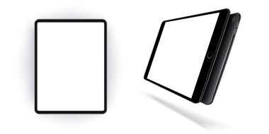 Mockup tablet koleksiyonu beyaz vektör tasarımında izole edildi. Taslak modelleme elektronik cihazları telefon izleme hatları gerçekçi basit izole edilmiş 3d vektör kümesi