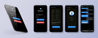 Mobil uygulama arayüzü ekranının siyah temalı tasarımı. Hoş geldin penceresi, ruhsatı, ana sayfası, konsept sohbet kuryesi olan mobil ui seti. Modern UI, UX, GUI ekranları ve simgelerinin vektör kümesi
