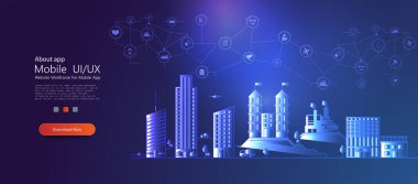 Farklı ikon ve elementlere sahip akıllı şehir konsepti. Gökdelenleri olan ince bir şehir manzarası. Arka planda renk yapısı olan modern şehir panoraması. Bazı şeylerin interneti. Sektör simgesi