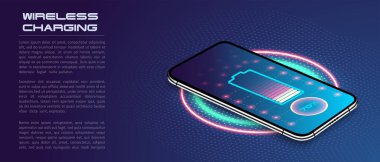 Akıllı telefon pilinin kablosuz şarjı. Gelecek konsepti. Telefonun bataryasını şarj etme süreci. Mavi arka planda kablosuz şarj teknolojisi kavramı. Vektör İllüstrasyonu