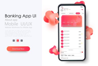Çevrimiçi Bankacılık Mobil Uygulamaları UI, UX, Cüzdan, alışveriş, Hesabım, Para transferi, fatura ödeme, ürün detayları. Mobil bankacılık arayüzü vektör şablonu. Çevrimiçi ödeme. E-ödeme ekranı
