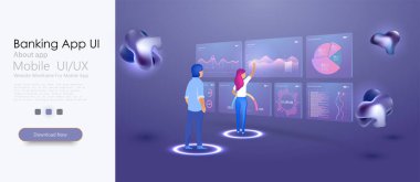 İş çözümleri ve analiz şablonları, grafik ve analiz verileri. İnsanlar tabloyla ve grafiklerle etkileşime giriyor. Web sitesi ve mobil site geliştirme için düz tasarım vektör illüstrasyon kavramları.