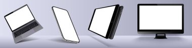 Boş çerçevesiz ekran monitörü, dizüstü bilgisayar, tablet, akıllı telefon gibi modern aygıtların gerçekçi modellemelerini ayarla. Bilgi grafikleri ya da sunum şablonu. Vektör