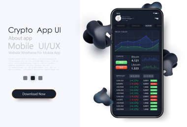 Telefon ekranında takas uygulaması. Mobil bankacılık kripto para birimi UI, UX, GUI. Çevrimiçi borsa arayüzü vektörü 10 birim. Mobil bankacılık kripto para birimi, bitcoin. Satın al, sat.