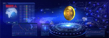 Küresel soyut Bitcoin kripto engelleme teknolojisi. Dünya Haritası. Fütürist estetik tasarım. H.U.D, GUI, UI elementleri. Bilgi elementleri. Dijital para birimi, gelecekteki dijital para. Vektör