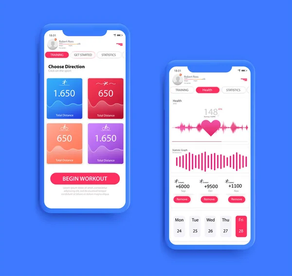 Különböző UI, UX, GUI képernyők illeszkedik app és lapos web ikonok mobil alkalmazások, Fitness alkalmazás design. Gúnyolódj Mobil alkalmazás. Vektorsablon. — Stock Vector