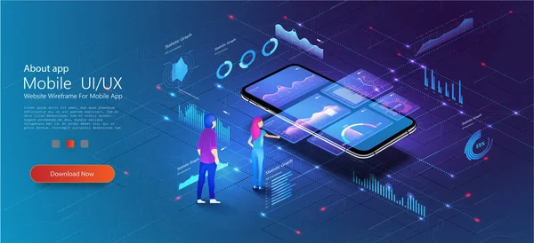 Man look graphic chart, business analytics concept UI, UX, Admin. Consulting team. Application of Smartphone with business graph and analytics data on isometric mobile phone. Vector illustration — Stock Vector