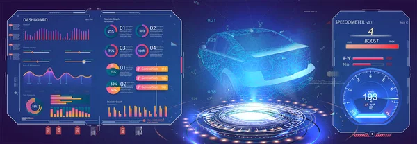 Interface utilisateur de voiture futuriste. Style de voiture hologramme en HUD, UI GUI. Diagnostic matériel État de la voiture. Interface graphique virtuelle UI GUI HUD numérisation automatique, l'analyse et le diagnostic, compteur de vitesse. RV — Image vectorielle