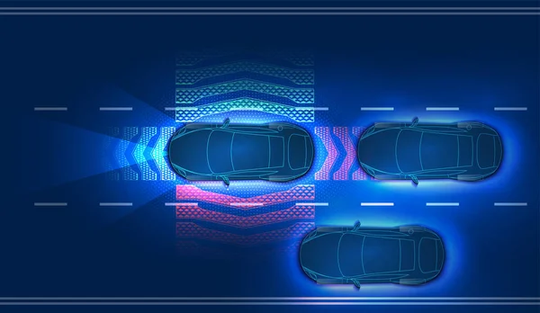 Sistema de frenado automático evitar accidente de coche de accidente de coche. Concepto para sistemas de asistencia al conductor. Coche autónomo. Coche sin conductor. Vehículo autónomo. Conceptos futuros auto inteligente. Vector del holograma HUD — Archivo Imágenes Vectoriales