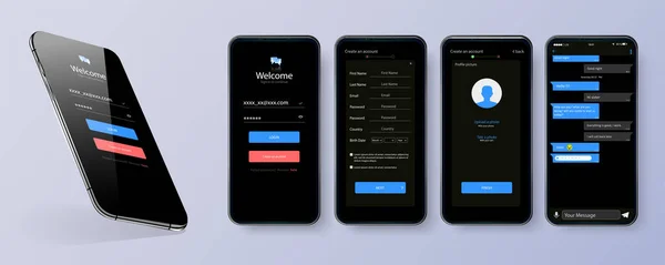 Black theme design of mobile application user interface screen . Mobile ui kit with welcome window, registration, home page, concept chat messenger . Vector set of modern UI, UX, GUI screens and icons — Stock Vector