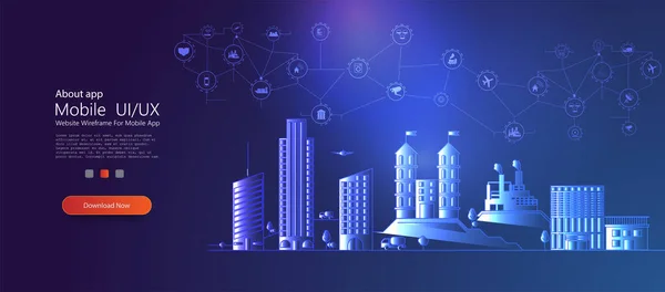 Conceito de cidade inteligente com diferentes ícones e elementos.Paisagem urbana fina com arranha-céus. Linha moderna urbana grande cidade panorama com a construção de cores no fundo. Internet das coisas IoT. ícone da indústria — Vetor de Stock