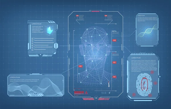 Sistema de Identificación Biométrica o Reconocimiento de Persona. La tecnología de reconocimiento facial Huella dactilar, Voz. Establecer elementos de interfaz gráfica de usuario HUD. Vector — Vector de stock