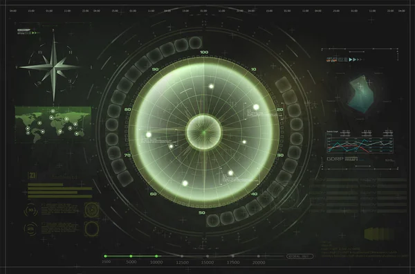HUD, UI, radar de elementos de interfaz verde GUI. Detección de objetivos en la pantalla del radar. Elementos de diseño futurista. Ilustración vectorial — Vector de stock