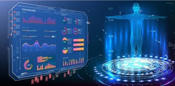 HUD, GUI, UI, műszerfal elem ui orvosi vizsgálat. Virtuális interfész elemek megjelenítése. Modern orvosi vizsgálati stílus. Testhologram. Adatmonitorok, statisztikák és diagramok, infografika — Stock Vector