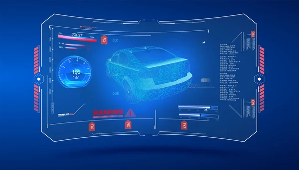 Hologram arabası. Fütürist otomobil stili düşük polimerli, kablo çerçeveli. HUD, UI, GUI, gelecekteki kullanıcı arayüzü biçiminde araba servisi, Cars Infographic ui, analiz ve tanı — Stok Vektör