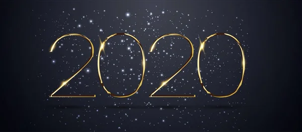 Ευτυχισμένο το νέο έτος 2020 χειμερινή γιορτή ευχετήρια πρότυπο σχεδίασης καρτών. Πάρτι αφίσα, banner ή πρόσκληση Gold λαμπερό αστέρια κομφετί λάμψη διακόσμηση. Διανυσματικό φόντο με χρυσό τόξο δώρου — Διανυσματικό Αρχείο