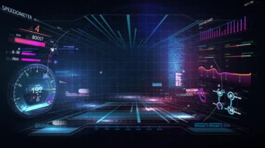Sanal gerçeklik. Gelecekçi VR baş ekran tasarımı. Bilimkurgu miğferi HUD, GUI, UI. Veri, hız göstergesi ve istatistik paneli olan gelecekçi görüntü. Gelecekçi otonom arabaların kokpiti. Yüksek teknoloji ekran