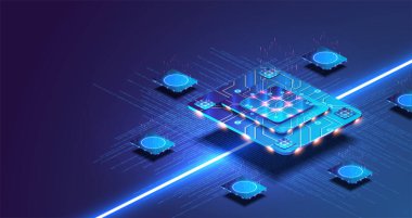 Futuristic microchip processor with lights on the blue background. Quantum computer, large data processing, database concept. Artificial intelligence and robotics quantum computing processor concept. clipart
