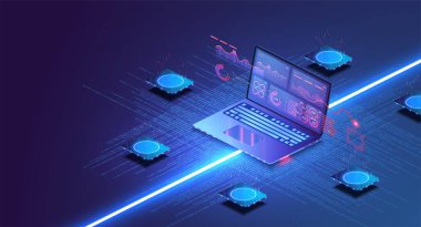 Çevrimiçi istatistik ve veri analizi. Dijital para piyasası, yatırım, finans ve ticaret. Web tasarımı, afiş ve sunum için mükemmel. Isometric.Finansal strateji ve bir dizüstü bilgisayarda trend analizi