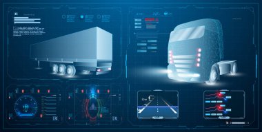 Özerk akıllı kamyon. İnsansız araçlar. Yapay zeka otonom kamyonu kontrol ediyor. Hologram araba stili HUD UI GUI. Aracın Donanım Teşhis Durumu. Analiz ve teşhis otomatik