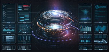 Fütüristik daire vektörü HUD, GUI, UI arayüz ekran tasarımı. Vektör bilimi soyut. Dijital bilgi ve veri grafikleri ile gelecekteki kullanıcı arayüzü vektör elektronik bilimkurgu hologram kavramı.