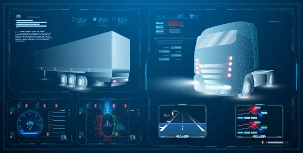 Autonomous smart truck. Unmanned vehicles. artificial intelligence controls the Autonomous truck. Hologram car style in HUD UI GUI. Hardware Diagnostics Condition of Car. Analysis and diagnostics auto — Stock Vector
