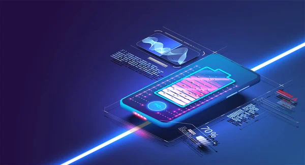 Téléphone Futuriste Est Chargé Sans Fil Sur Fond Bleu Chargement — Image vectorielle