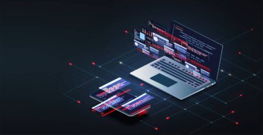 Programlama ve yazılım geliştirme web sayfası afişi, program kodu ekranda. Yazılım geliştirme kodlama süreci kavramı. Programlama, platform kodu testi, dizüstü bilgisayar uygulaması, telefon UI UX