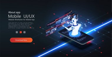 Sohbet robotu ve gelecekteki pazarlama. Yapay zeka kavramı bilgisayarları ya da interneti, dijital ağı kontrol ediyor. Yazılım geliştirme kodlama süreci kavramı. Programlama, test