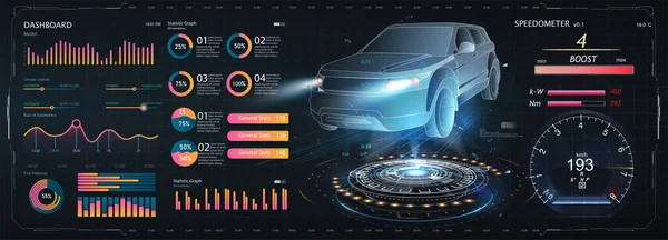 Service de voiture dans le style de HUD, Voitures infographie ui, analyse et diagnostics dans le style HUD, interface utilisateur futuriste, réparations de voitures, Car auto service, mécanismes. Smart auto ai. HUD, UX. Tableau de bord ui — Image vectorielle