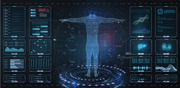 Современное медицинское обследование HUD, UI, GUI стиль. Сканирование человеческого тела Анатомия, ЭКГ, ДНК формула. медицинское обследование. Отображать набор элементов виртуального интерфейса. Современный стиль медицинского обследования — стоковый вектор