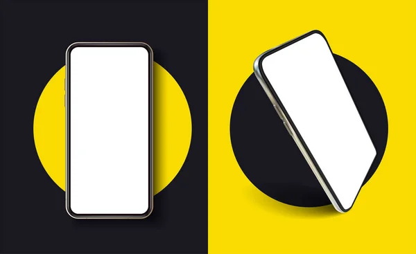 Isolé moderne Smartphone Mockup sur fond jaune. Une maquette réaliste. Cadre de téléphone portable avec des modèles d'affichage vierges, différents angles de vue de téléphone. Modèle d'infographie ou de présentation UI UX — Image vectorielle