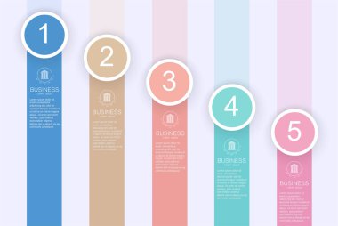 5 adım seçenekli iş süreci bilgi grafikleri. Çalışma akışı grafik elementleri. Bilgi grafikleri, akış grafikleri, sunumlar, web siteleri, afişler, basılı materyaller için kullanılabilir. Vektör illüstrasyonu