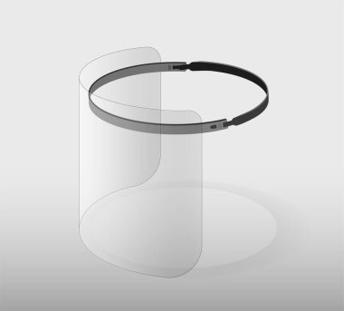 Virüs ve tozu önlemek için yüz kalkanı, hava kirliliği, tıbbi maske. Salgın covid-19 virüsü ve koronavirüs koruma konsepti. Doktorlar için yeni koruma maskesi. Vektör illüstrasyonu