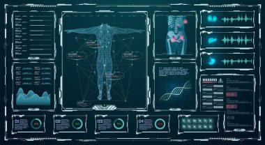 Baş Görüntü UI, Tıbbi uygulama arayüzü. Fütürist sanal grafik modern medikal HUD arayüzü. Tıbbî bilgiler. Hi-Tech, insan sağlığı araştırması. Teşhis taraması, karaciğer, böbrek, akciğer, DNA