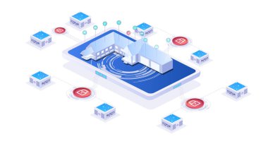 Akıllı telefon ekranında akıllı ev olan izometrik şeylerin interneti. Ev aletlerini kontrol et. Beyaz arka planda akıllı kontrol evi kavramını kullan. IOT.