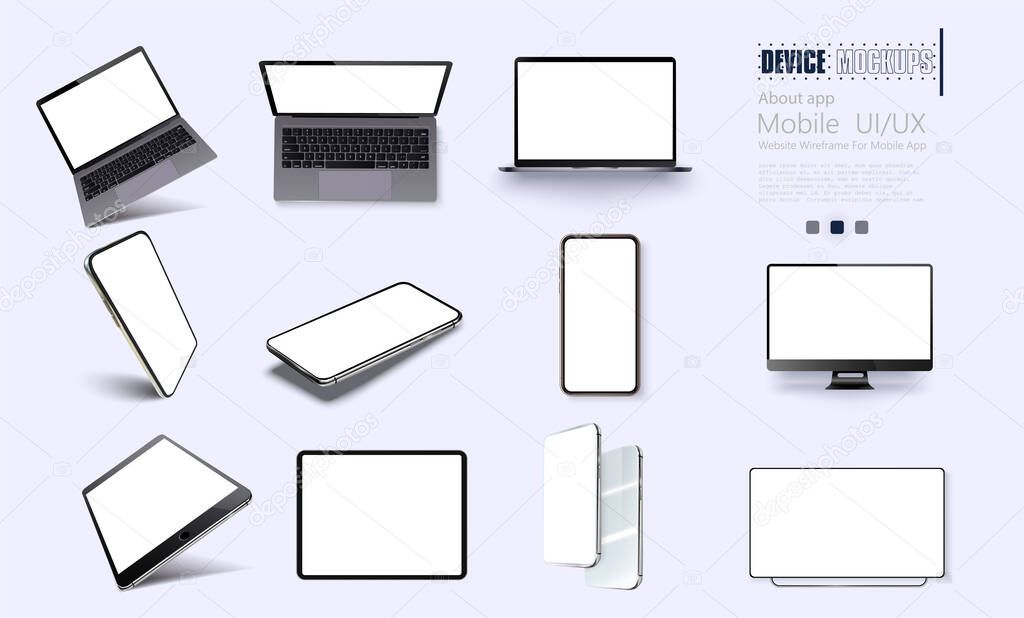 A collection of device at different angles. Vector illustration mockups. Collection mobile devices isolated on white background. Smartphone, laptop, tablet, tv perspective view. Rotated position.UI UX