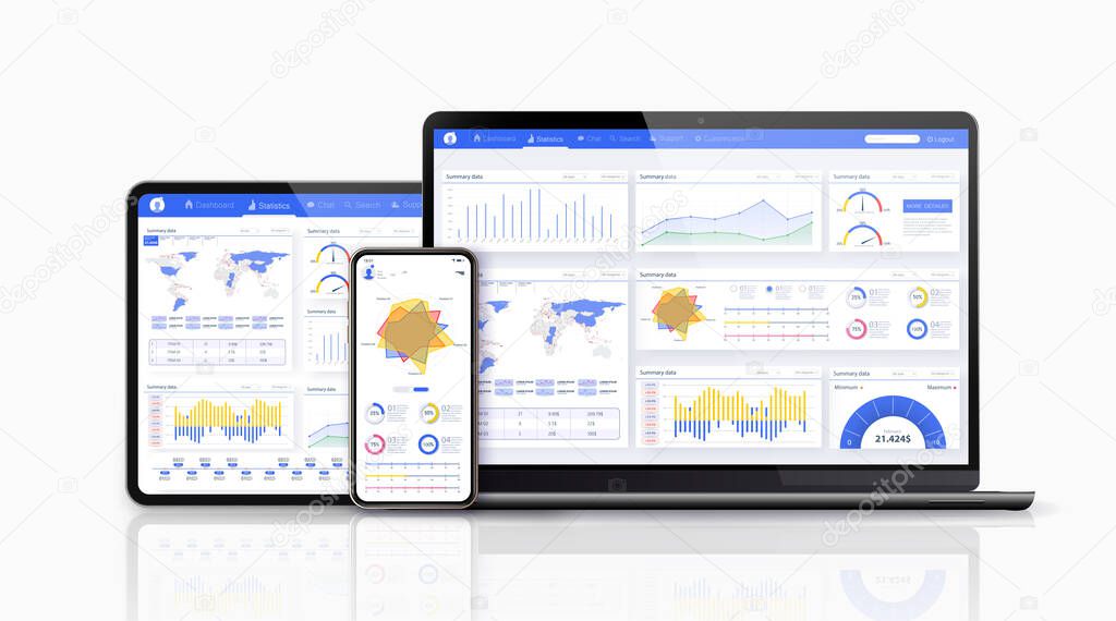 Dashboard, great design for any site purposes. Business infographic template. Vector flat illustration. Big data concept Dashboard user admin panel template design. Analytics admin dashboard.App UI UX