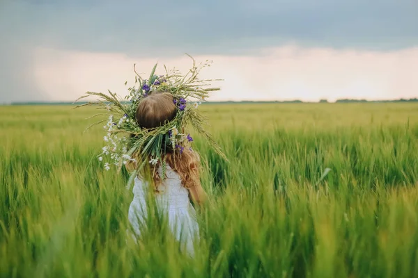 Девушка молодая зерновые поля зеленый эмоциональный венок — стоковое фото