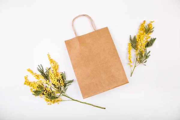 Conjunto de primavera de flores mimosa e um saco de artesanato — Fotografia de Stock
