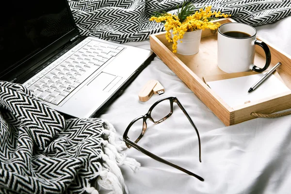 침대 회색 격자 무늬와 노트북 이랑 봄 설정 — 스톡 사진
