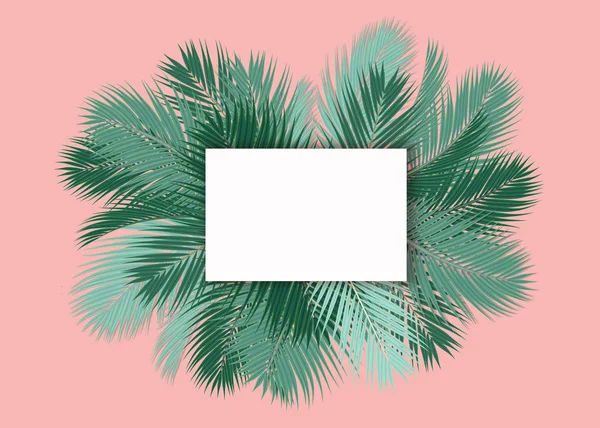 Palmen blaadjes met lege kaart roze achtergrond concept — Stockfoto