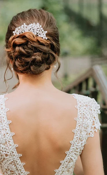 Noiva elegante vestido branco acessórios de cabelo atrás — Fotografia de Stock