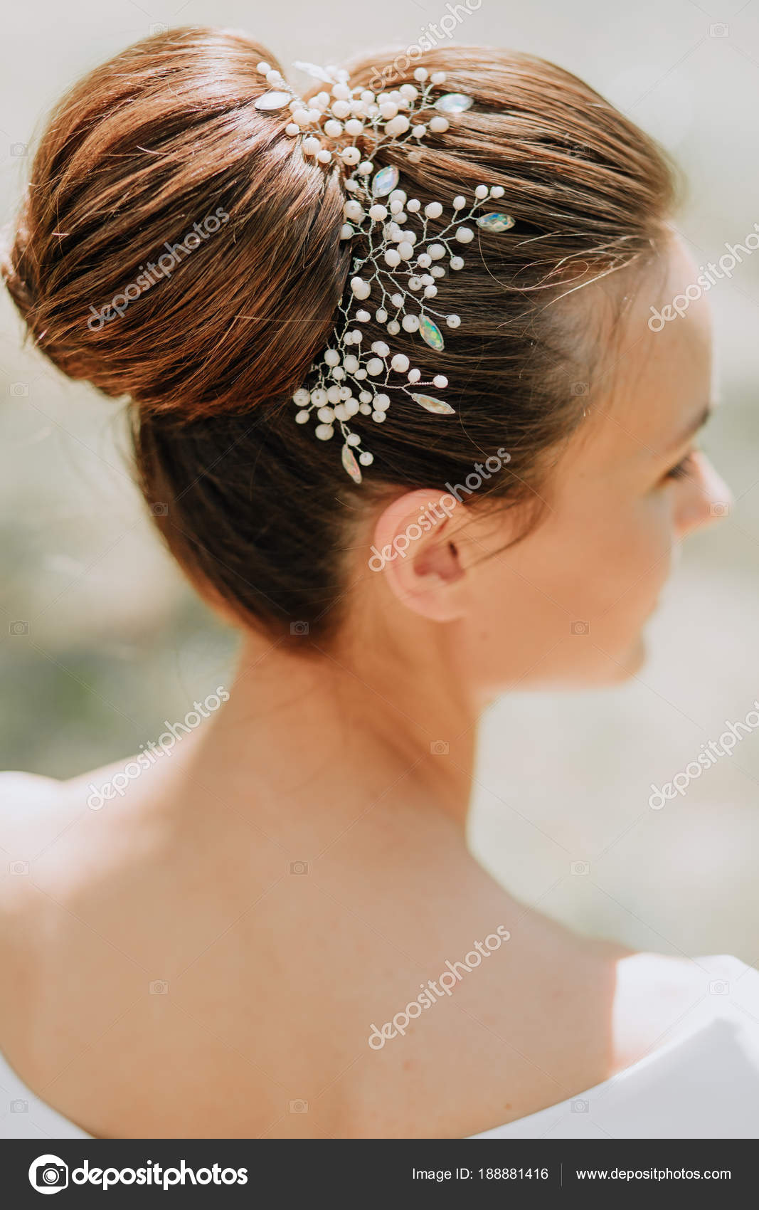 Pretty Bride Portrait At Home In White Wedding Dress With Stylish hair  accessories. Looking at camera. Full length portrait Stock Photo | Adobe  Stock