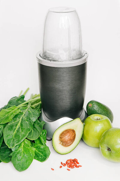fitness blender set healthy products, apple avocado spinach